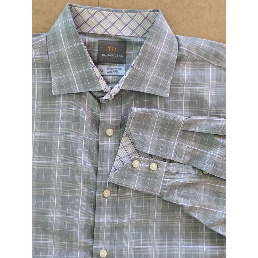 THOMAS DEAN Men's XL Gray Plaid Flip Cuff Shirtβ